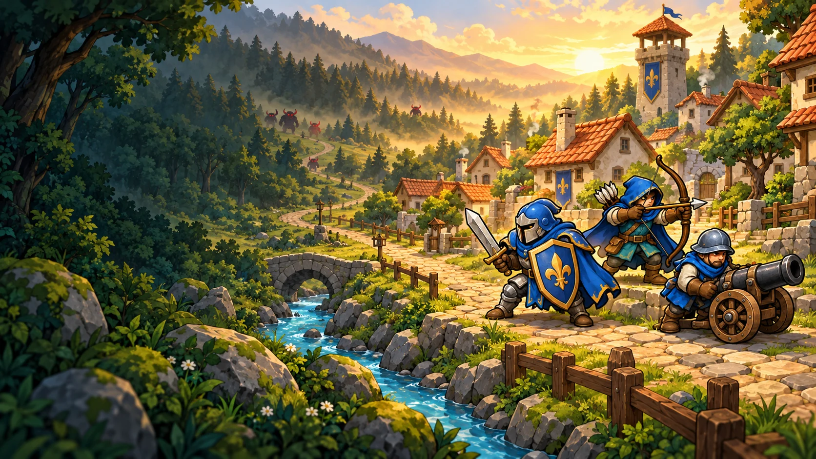 A knight, an archer and a cannoneer protecting a sunlit village
