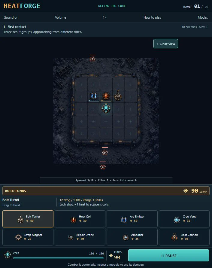 Heatforge in action: turrets, a heat coil and an arc emitter defending a reactor